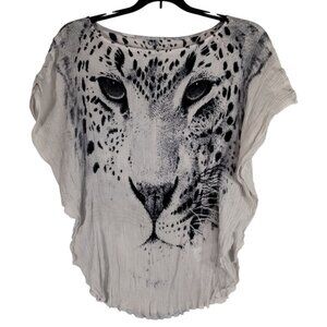 Vtg Y2K Bebe Sheer Silk Snow Leopard Face Top S/M AOP Scene Rave Trashy McBling
